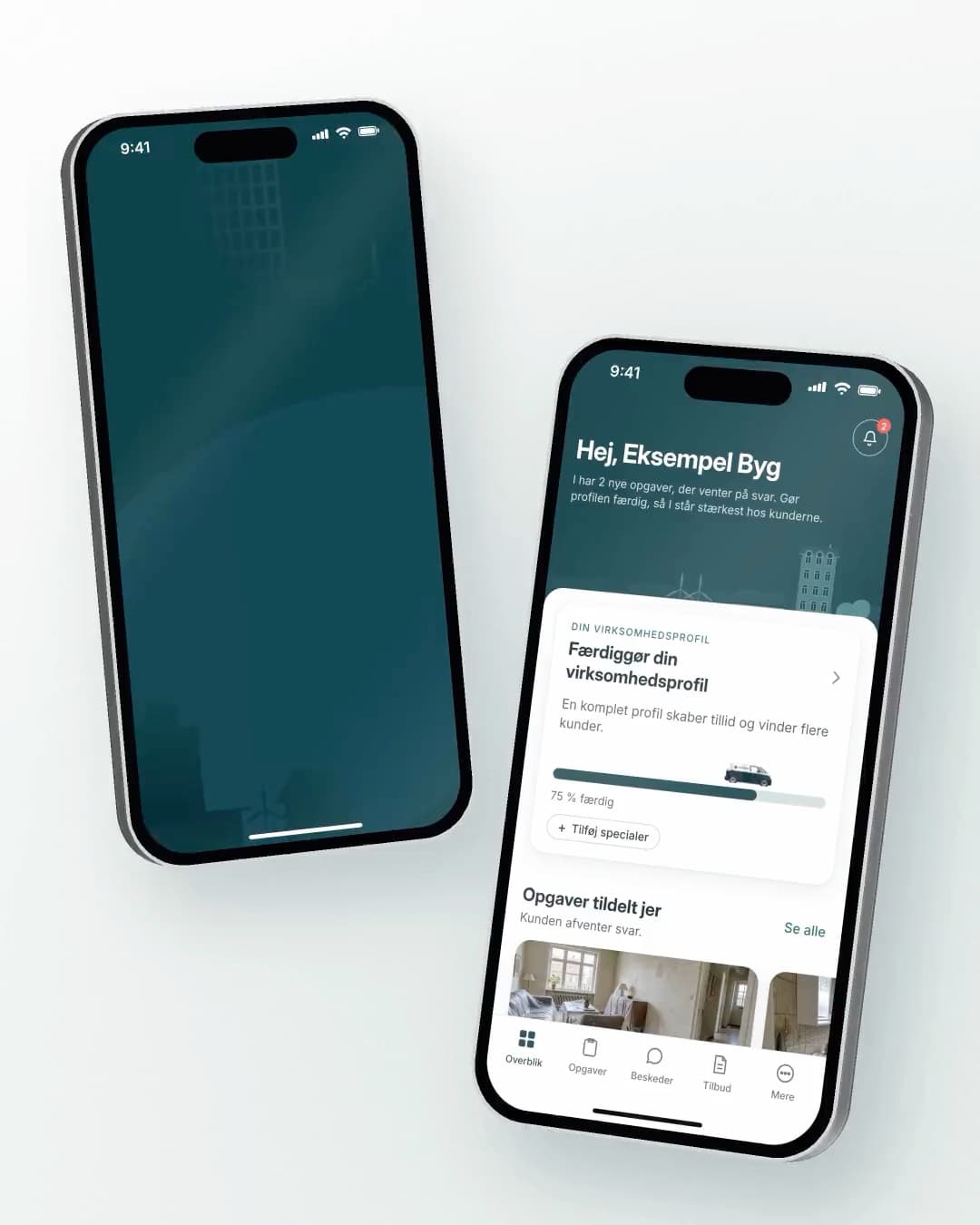 Trygt Håndværk-appen for virksomheder vist på to telefoner
