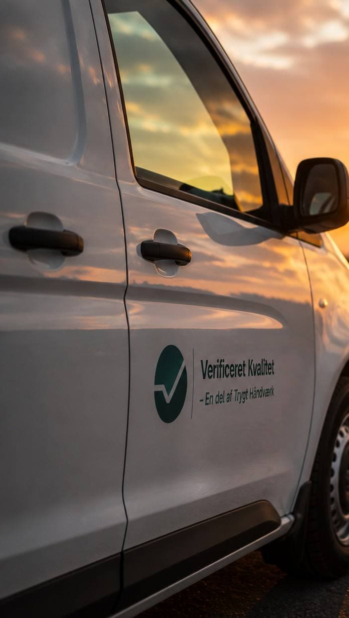 Varevogn med Trygt Håndværks mærke i aftenlys